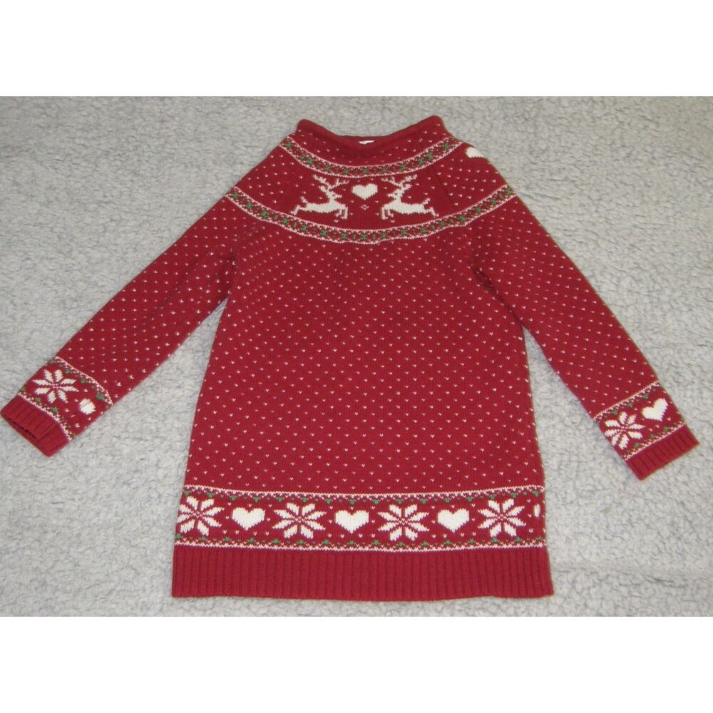 TAHARI Girl Sz Medium (5-6) Red Fair Isle Heart Reindeer Christmas Sweater Dress